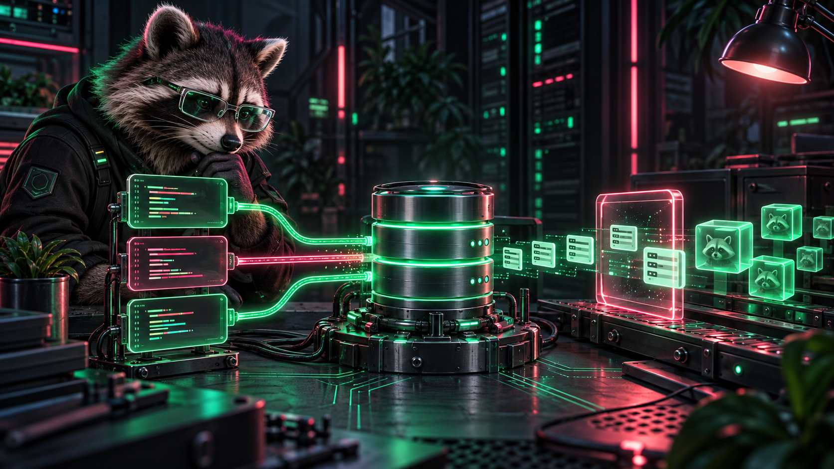 A raccoon engineer follows three query paths into one database, with returned rows becoming model cubes under green and pink light.