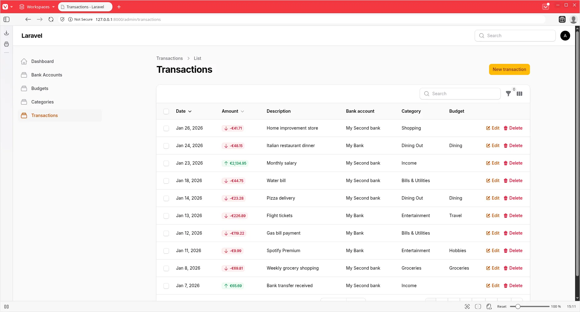 Transactions dashboard with color-coded amounts