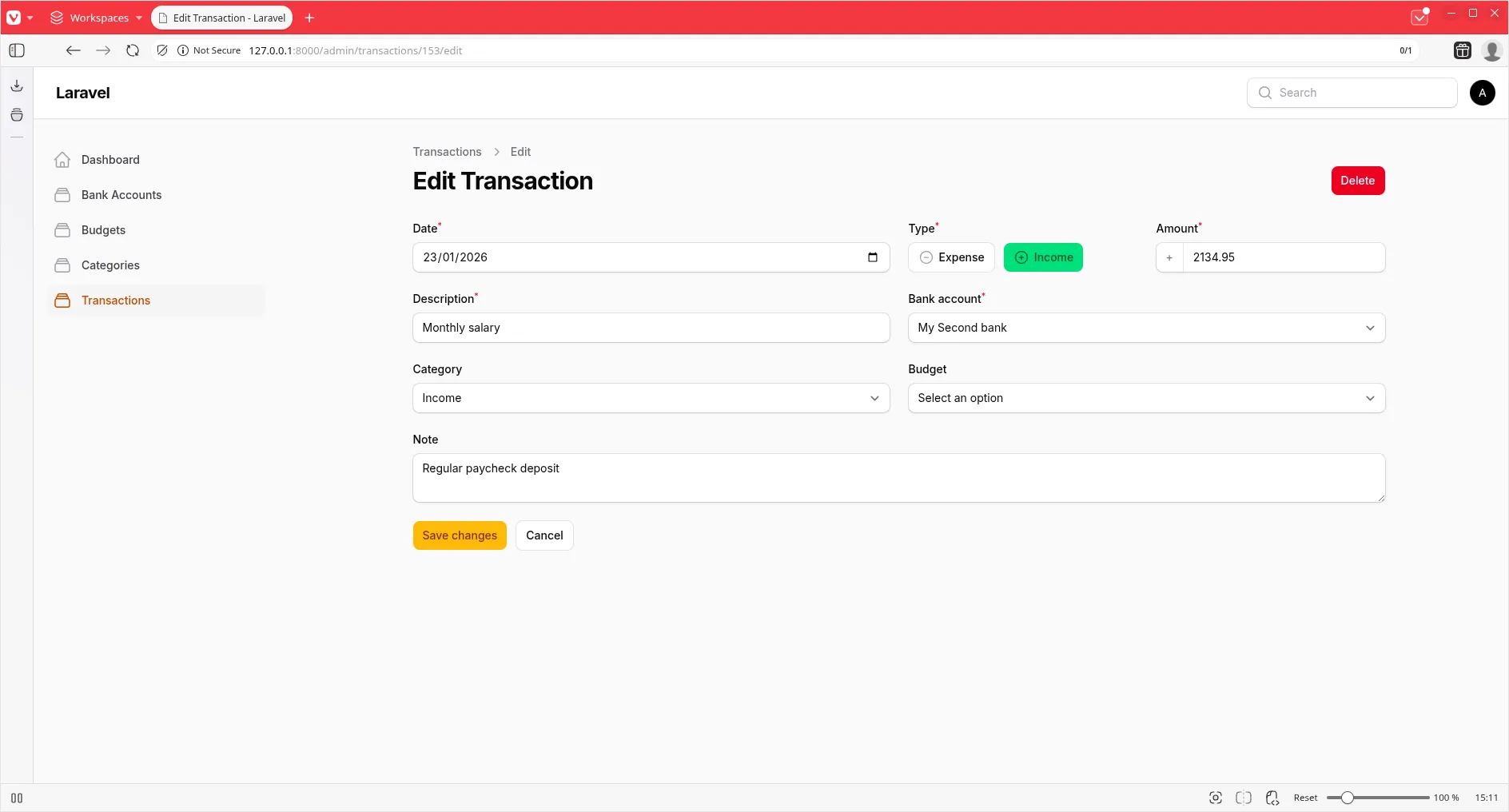Transaction form with income/expense toggle
